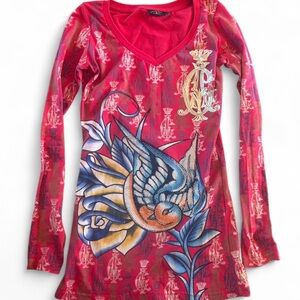 Ed Hardy Red Long Sleeve with Rhinestone Graphic